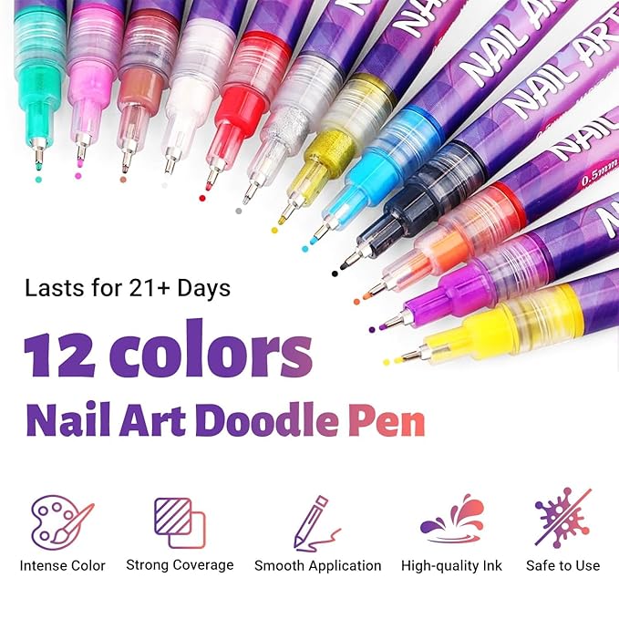 Nail Art Pens Markers Kit - 12 Colors 3D Nail Polish Art Pens Set Design Tools for Girls Women Kids Beginners DIY Painting Nails, Drawing Painting Liner Brush Quick Dry 0.5mm (12 Count (Pack of 1))