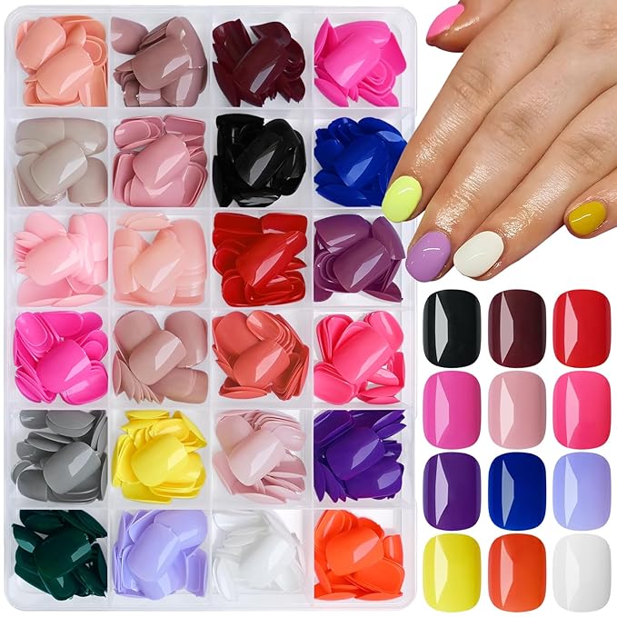 AddFavor Square Press on Nails, 576pcs Short Round Square Fake Nails Full Cover Glossy Short Nails Press on Acrylic False Nail Tips 24 Colors for Kids Women