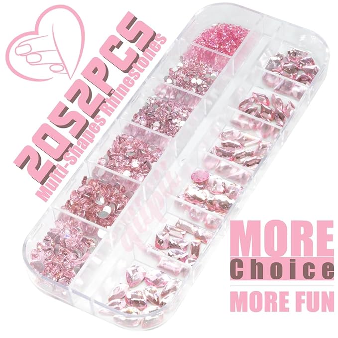2052Pcs Pink Nail Rhinestones Light Pink Rhinestones for Nails 72 Multi Shapes Big Gems +1980 Flatback Round Beads K9 Glass Crystals Diamonds Jewels Nail Charms Nail Art for Nails Faces Makeup