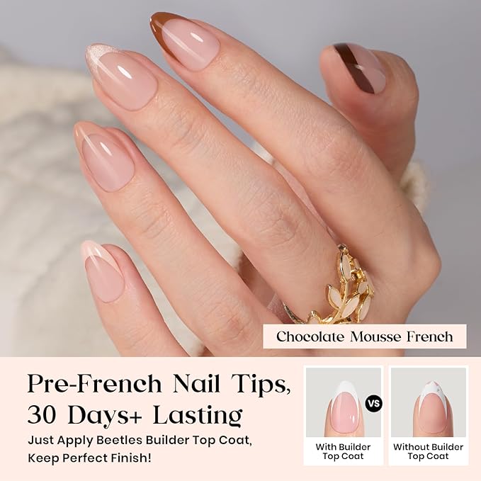 Beetles Press On Nails Kit - Cocoa Mousse French | 7 Colors Short Almond French Tip Press On Nails | 224Pcs 16 Sizes All-in-One Kit With Nail Glue,Remover,Builder Top Coat,Nail Lamp