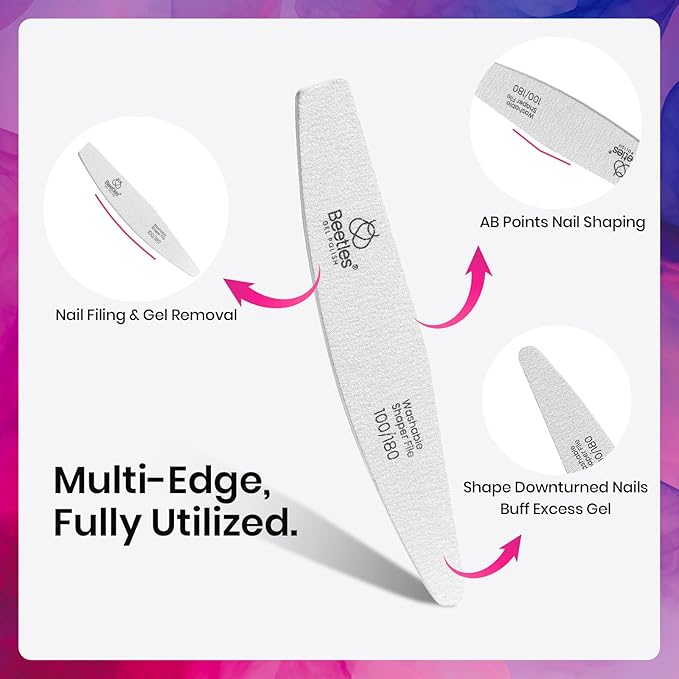 Beetles Pro 3-Pcs Nail File Nail Buffer - Professional 100/180/240 Grit Nails Files and Buffers Double Sided Washable Shaper Files for Acrylic, Gel & Natural Nails – Salon Quality Manicure Tool