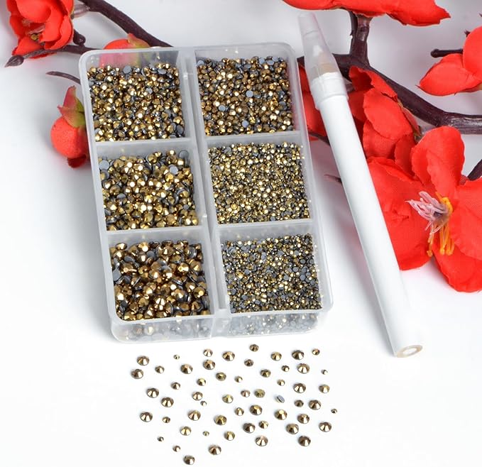 Bymitel Hotfix Crystal Rhinestones Round Gems for Crafts,Mixed 6 Sizes with Wax Pencil Kit, Aurum1.3-3.2mm(SS3-SS12/8000pcs)