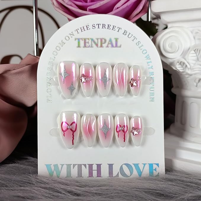 Handmade Aurora Pink Press On Nails Medium Almond-Acrylic Glossy Y2k Sweet Cool Soft Gel Fake Nails For Women Girls,Reusable Star Bow Pattern Glue On Nails With Charms 10pcs/Box Kits (XS)
