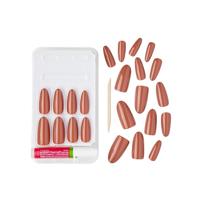 GoldFinger False Nails Kit, Ready to Wear Brown Fake Nails, Manicure Stick and Glue Included, Long Oval Shape, Long-Lasting Hottest Trend Glue on Nails, Convenient & Easy to Apply, All Occasions