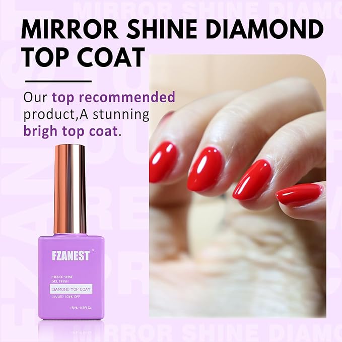 FZANEST Gel Top Coat Diamond- 15ml No Wipe Top Coat Gel Nail Polish High Gloss Mirror Shine Soak Off UV LED Clear Finish Chrome Top Long Lasting
