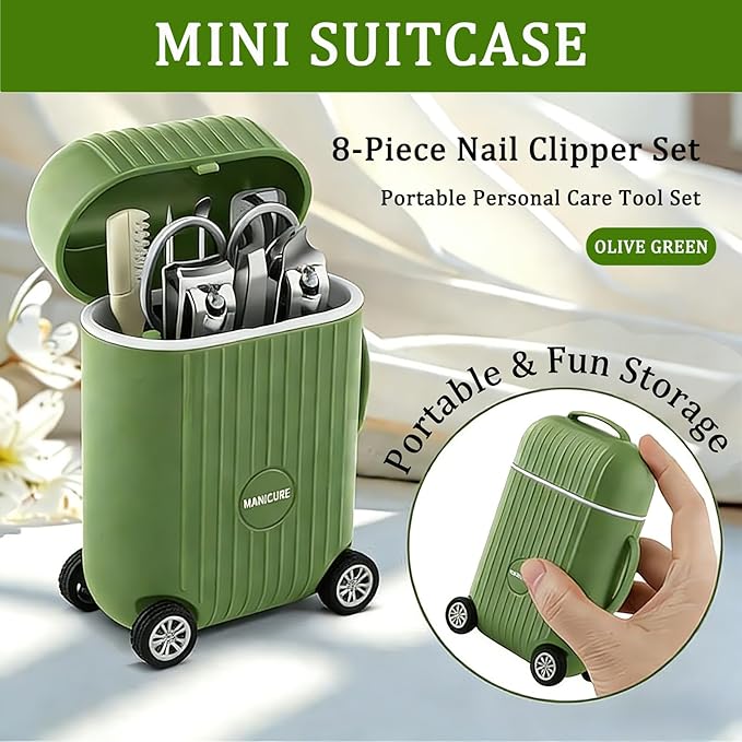 Manicure Set 8 in 1 Stainless Steel, Nail Clippers Scissors Pedicure Tools Kit - Portable Travel Grooming Kit for Men and Women with Mini travel box packaging, Rollable Wheels (GREEN)