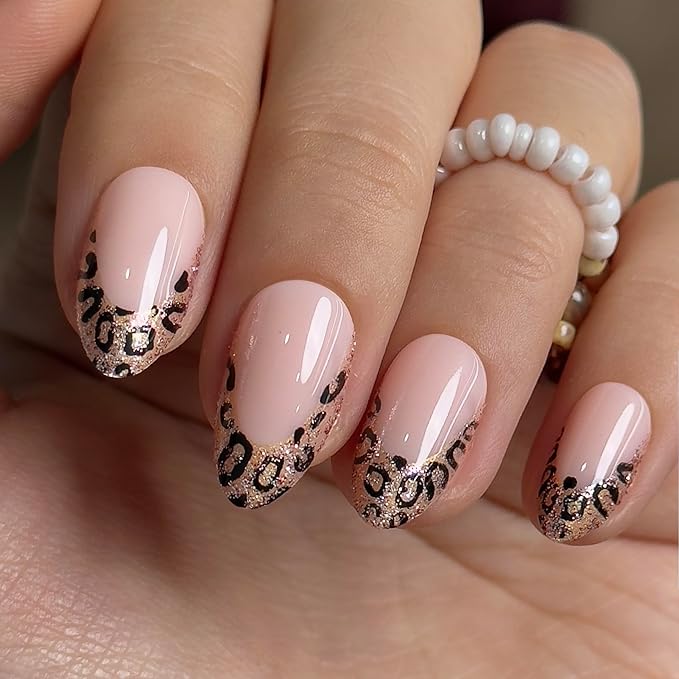 Curvlife Press On Nails Medium Square Nude Pink - Leopard French Tip Press on Nails with Glue, Black Gold Leopard Print Glitter Glossy Fake Nails Long Lasting False Nail Tips for Women