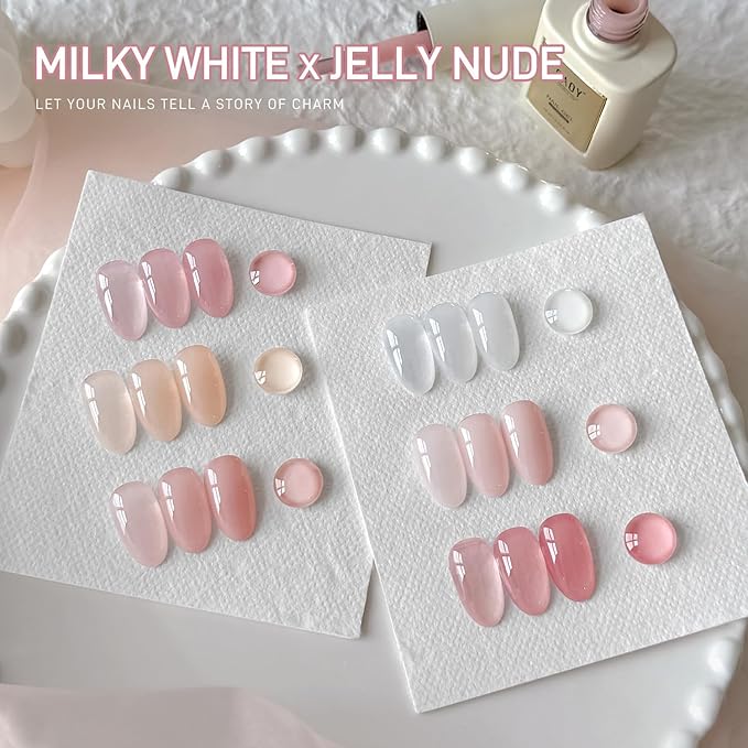 GAOY 16ml 6 Colors Jelly Gel Nail Polish, Sheer Pink Orange Transparent Soak Off UV Light Cure Gel Polish Kit for Salon and Nail Art DIY at Home, Milky White x Jelly Nude