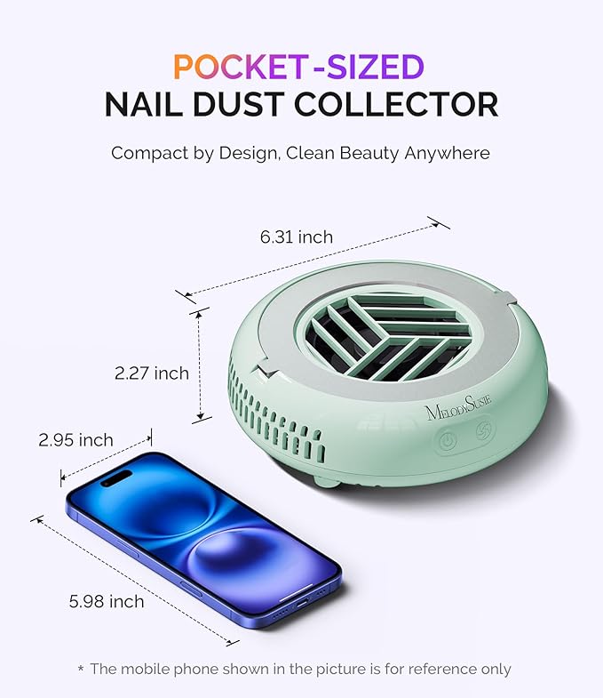 MelodySusie PocketSized Nail Dust Collector with Lightweight Design,HProA 6000RPM Ultra-Small Nail Vacuum Fan with 3 Suction Modes and 30 Disposable Filter Papers for Beginner & Daily Nail Care,Green