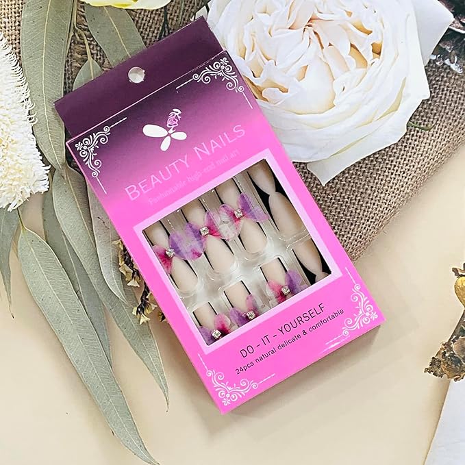 Press on Nails Coffin Long Length Acrylic Glossy Full Cover Square Shaped French False Nails with Designs Artificial Extra Long Fake Nails with Charms Glue ons Fingernails for Women(XXS222)