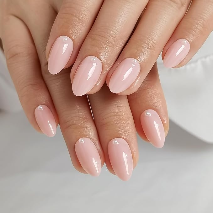 Press On Nails - Pearl | Bubble Bath Medium Almond Fake Nails With Pearl Design, Reusable Salon Quality | 32 Nails, 16 Sizes Kit with Glue and Adhesive Tabs I Female Founded