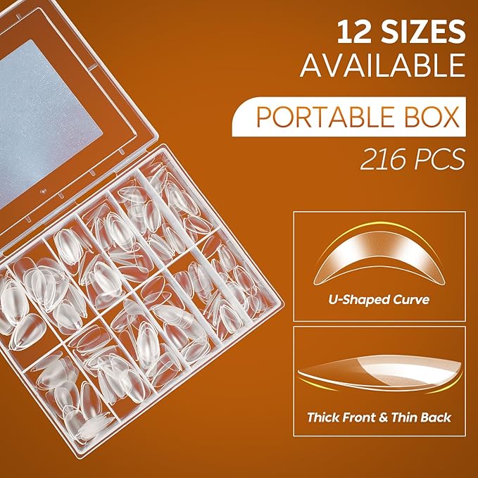 Nicedeco Almond Fake Nails Pre-shape 216pcs Press on Nails for Full Cover Acrylic Full Nails False Nails 12 Sizes - 007