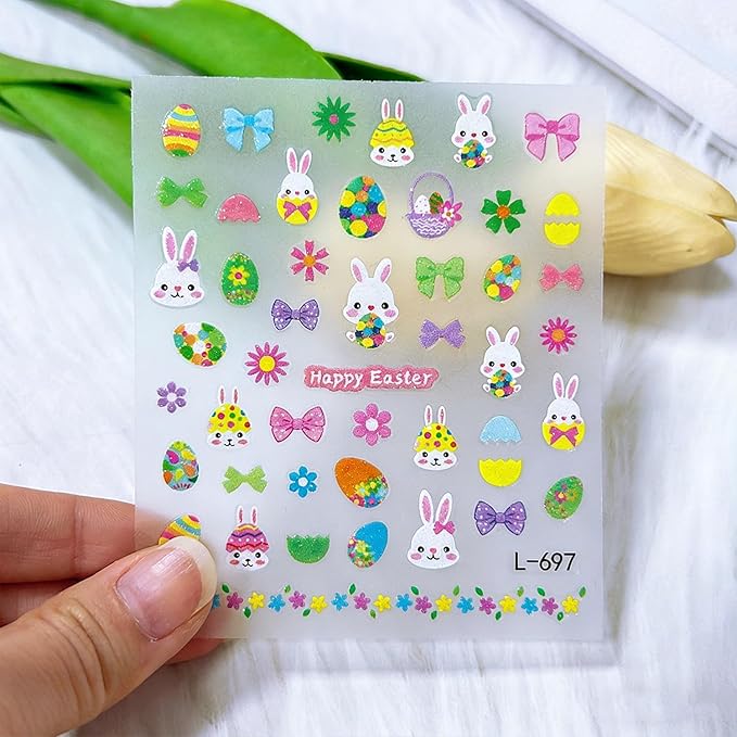 Easter Glitter Nail Art Stickers Decals 3D Self-Adhesive Nail Art Accessories Cartoons Bunny Chick Egg Designs Sticker Lovely Easter Manicure DIY Nail Decorations 6 Sheets