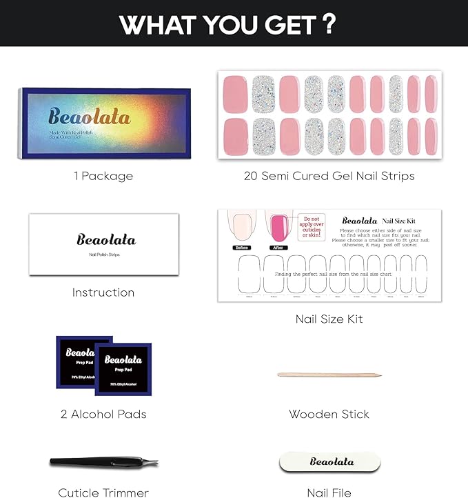 Semi Cured Gel Nail Strips - UV Light Gel Nail Stickers - 20 Long Lasting Salon Quality Wraps (Pink Peony Glitter)