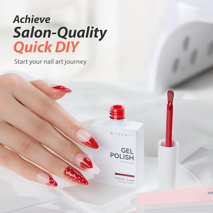 Makartt Ultra Pigmented One-Coat Red Gel Nail Polish 15ml One N'Done Gel Polish Soak Off High-Gloss Ceramic Shine, Salon-Grade UV Nail Art Manicure DIY Salon Home