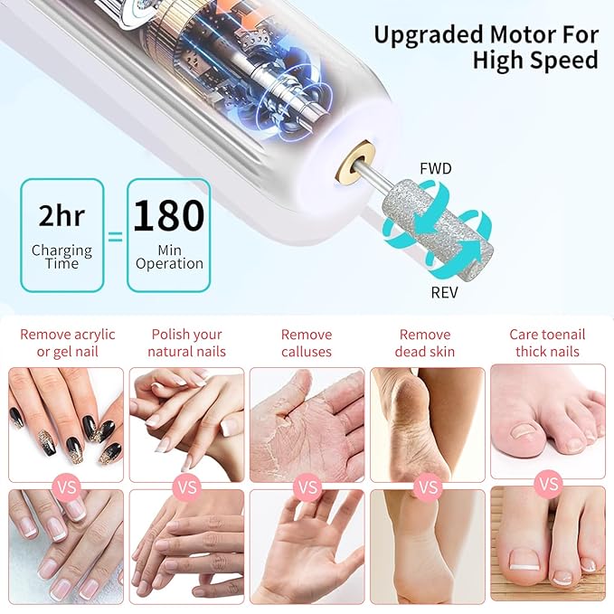 Electric Nail File Set,Professional 3 Speeds Cordless Electric Nail Drill Kit for Acrylic Gel Nails,12 in 1 Manicure and Pedicure Tools for Home Salon(White)