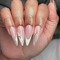 White French Tip Press on Nails Almond Medium Fake Nails False Nails with Design Glitter Swirl Glossy Full Cover Acrylic Glue on Nails Artificial Stick on Nail for Women Manicure 24Pcs