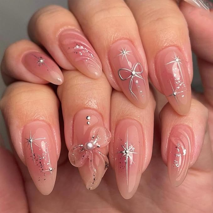 Pink Press on Nails Medium Almond Fake Nails with Pearl Bow Charm Design Silver Star False Nails 3D Water Ripple Glue on Nails Reusable Glossy Glitter Summer Stick on Nails for Women Manicure 24Pcs