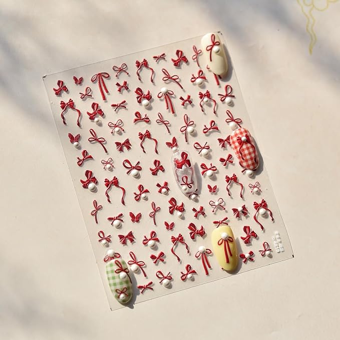 Embossed Bow Nail Art Stickers 5D Valentines Nail Decals with Pearl Design Cute Nail Stickers Self-Adhesive Red Butterfly Nail Accessories Valentines Stickers Supplies for Women Manicure Decor 1Sheet