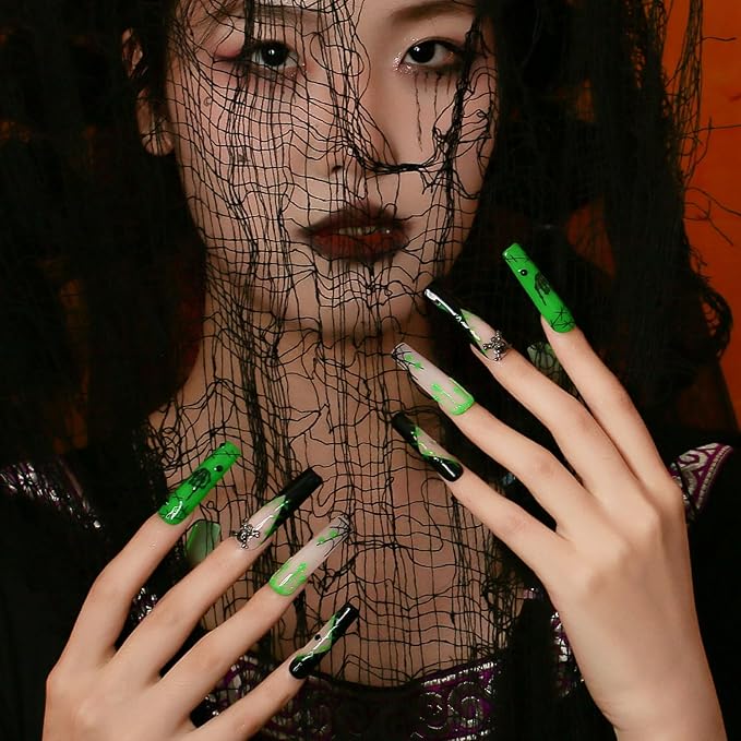 LOVFUL Press on Nails Halloween Luminous Lurker | Glow in the Dark | Handmade with Full Covered Crystals | Reusable Fake Nails | Square Mid length 1.7in | H339-S