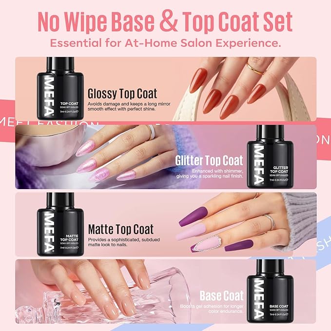 MEFA 60 Pcs Gel Nail Polish Kit with U V Light, 32 Colors Popular Soak Off Nude Pink Red Gel Polish Nail Set with Matte/Glossy Gel Top Base Coat Manicure Tools Nail Art Decorations DIY Salon