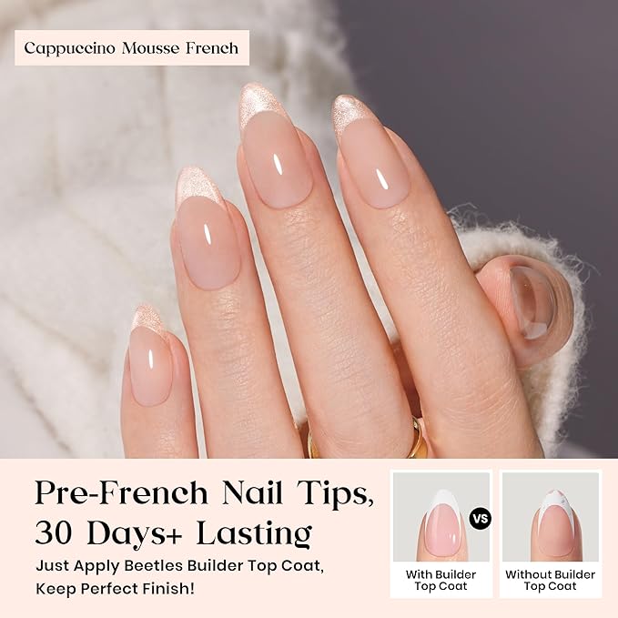 Beetles Press On Nails Kit - Cappuccino Mousse French | 7 Colors Medium Almond French Tip Press On Nails | 224Pcs 16 Sizes All-in-One Kit With Nail Glue,Remover,Builder Top Coat,Nail Lamp