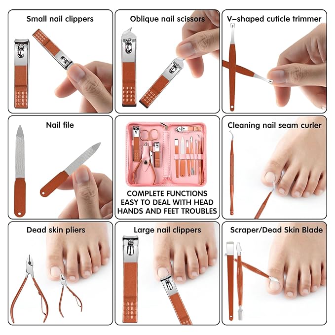 Nail Kit, Manicure Kit, Nail Care Kit for Women, Manicure Pedicure Set, Nail Clippers Toenail Clippers Kit, Professional Manicure Kit Pedicure Kit, Pink Travel Case, Set of 12.