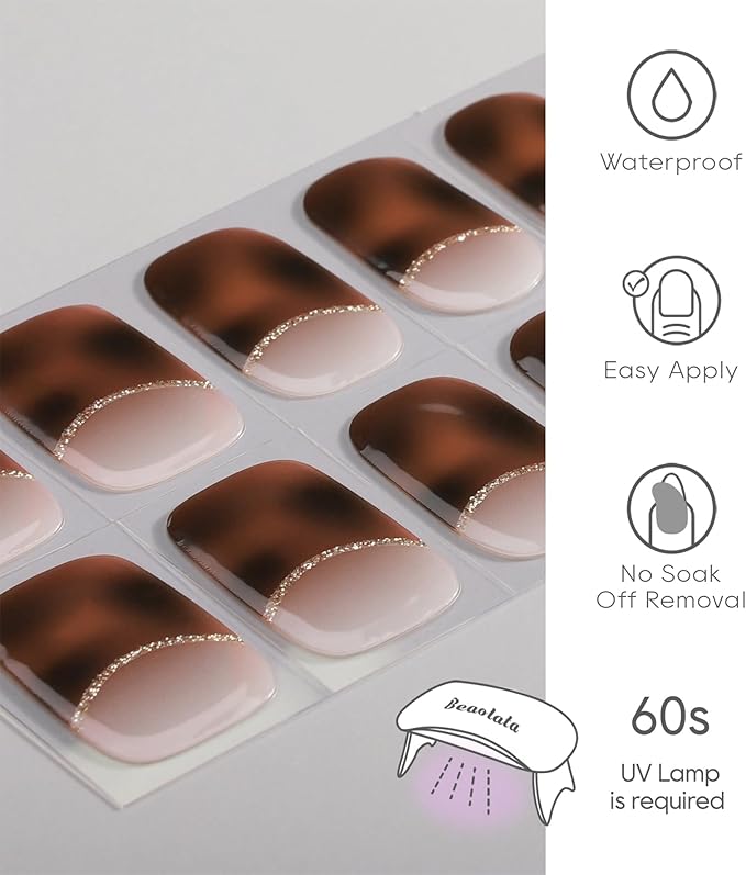 Semi Cured Gel Nail Strips - UV Light Gel Nail Stickers - 20 Long Lasting Salon Quality Wraps (Enchanted Primal Flicker Brown)