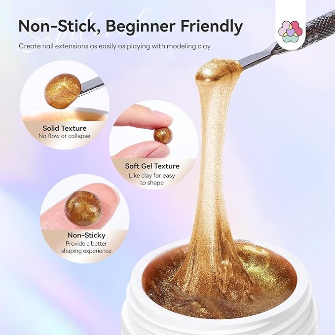 SAVILAND Non Sticky Solid Builder Nail Gel: Gold Silver Metallic 3D Nail Gel No Wipe Sculpting Gel for Nail Art Easy Sculpting Molding Gel with Chrome Nail Powder DIY Manicure Carving Decoration Salon