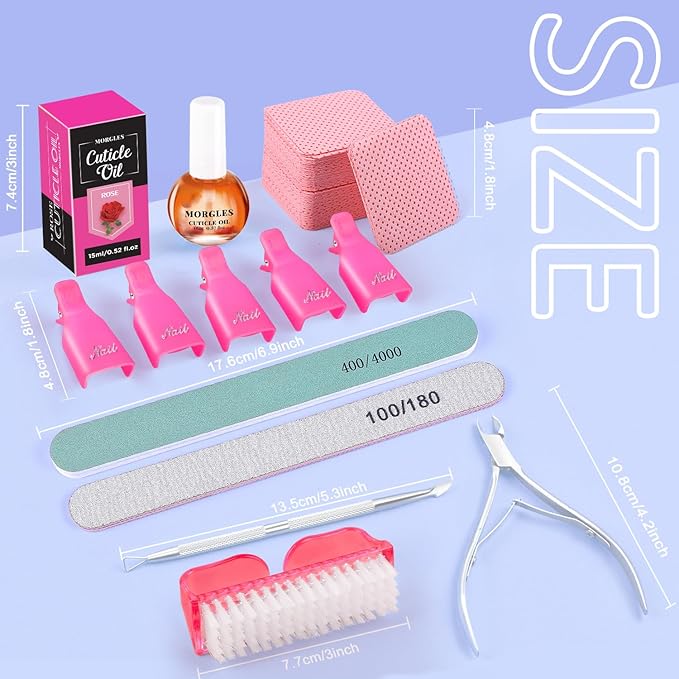 MORGLES Nail Polish Remover Kit with 300 Pcs Lint Free Wipes, Pink Nail Clips with 2 Pcs Files and Buffers, Rose Cuticle Oil, Cuticle Trimmer & Pusher
