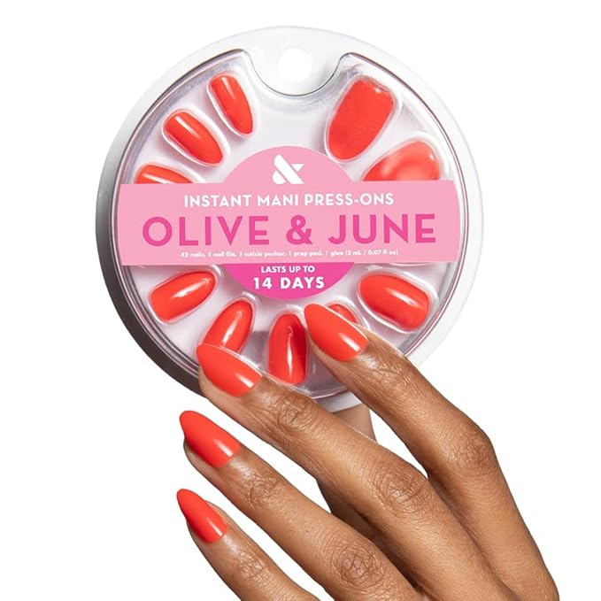 Olive & June Instant Mani Press-On Nails (Glue) | 42 Fake Nails, 21 Sizes | Non-Toxic, Long-Lasting Recycled Materials Realistic Look | Salon-Quality at Home | Medium, Almond | Lava