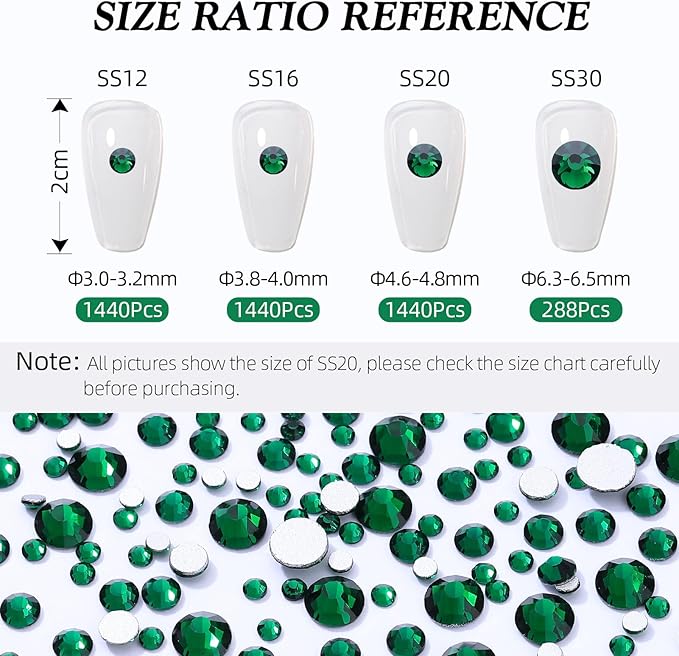 Green Flatback Rhinestones, Glass Rhinestones for Nail Art and Craft, Glue Fix, Loose Crystal Gemstones(Green, SS20, 2880pcs, 4.6-4.8mm)