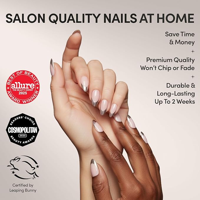 Glamnetic Press On Nails - Mirror Mirror | Trendy Short Almond Nails with Metallic Chrome Silver French Tips | 15 Sizes - 30 Nail Kit with Glue