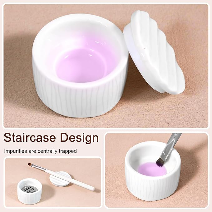 Nail Brushes Washing Cup, Ceramic Dampen Dish with Lid for Nails Monomer, Acrylic Brush Cleaner & Nail Brush Holder