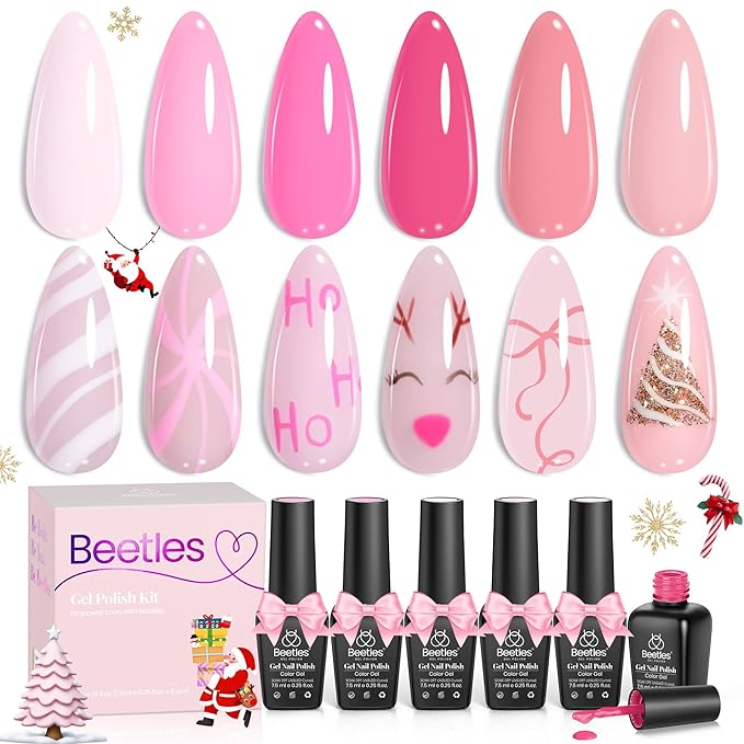 Beetles Spring Gel Polish Set - Pink Melody 6 Colors Gel Polish Set, Nude Light Baby Hot Pink Colors Spring Nails, Salon Long Lasting Soak Off UV LED Easter Nails Lamp Gifts for Her