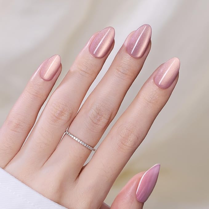 Beetles Motion Glow Nail Tips, 160PCS, 16 Sizes Short Almond Nail Tips, Cat Eye Magnet Full Cover Soft Nail Gel Fake Nails, Salon-Gel Look for DIY Manicure Rose Glow