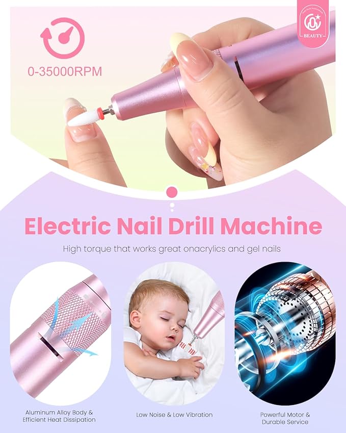 CozyZen Cordless Nail Drill Professional: 45000 RPM Rechargeable Electric Nail File Kit, Portable & Low Noise for Acrylic, Gel Nails, Manicure & Pedicure - Salon & Home Use (Pink & Purple)