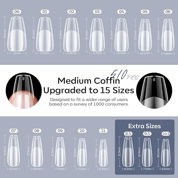 modelones X Nail Gel Kit Medium Coffin, Upgrade 510Pcs Fake Nails, 9-in-One Glue Prep Dehydrator & Portable Mini U V Light Acrylic Clipper, Coffin Tips Extension Kit for DIY Salon Home Gifts