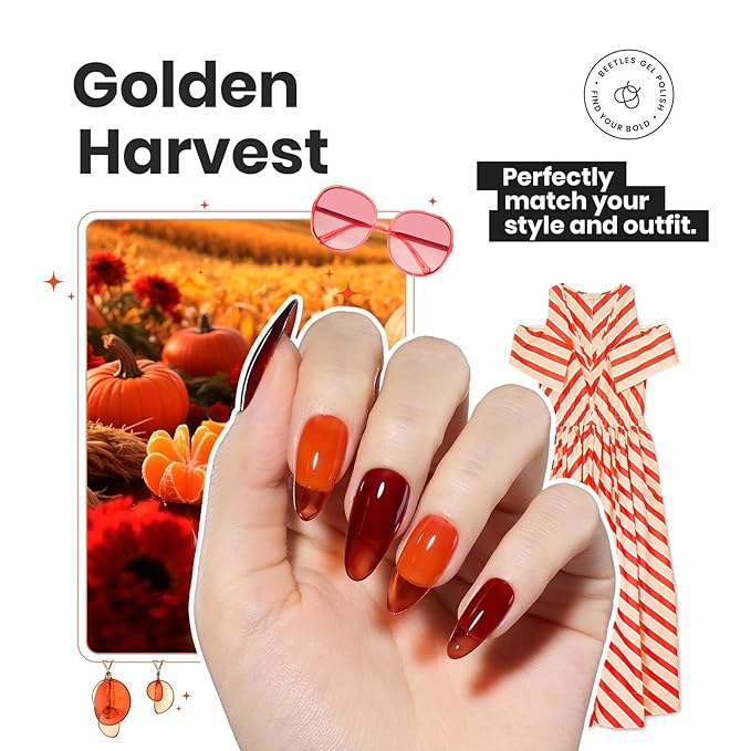 Beetles Valentines Nail Polish Set - Golden Harvest 6 Colors Quick Drying Long-Lasting Burgundy Red Brown Jelly Glitter Valentines Nail Polish for DIY At-Home Manicure Valentines Gift for Women