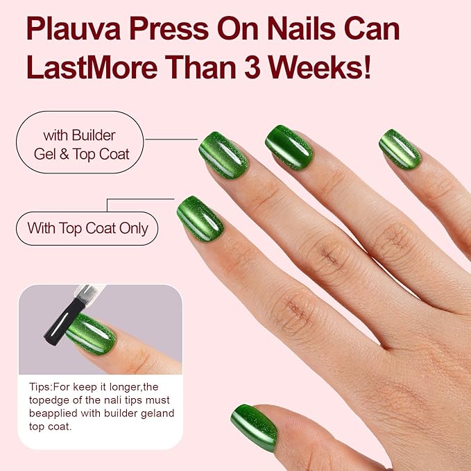 150Pcs Cat Eye Press on Nails Short Square, Plauva Glossy Glitter Cat Eye Nail Tips, Soft Gel Fake Nails for Women and Girls Stick On Nails in 15 Sizes