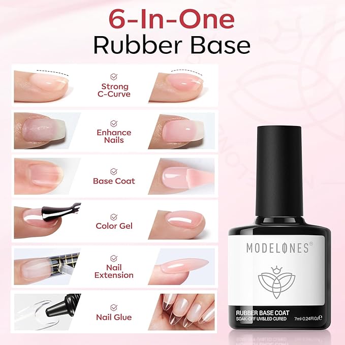 modelones Builder Rubber Gel Base Coat for Nails, Nude Pink Glitter Rubber Base Gel Nail Polish for Strengthen Apex Building Extension Protect Weak Nails Long Last U V Manicure Gift for Women