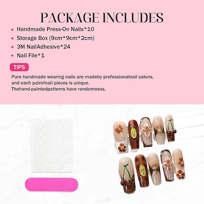Luxury Handmade Press on Nails Glossy Amber False Nails French Tip Fake Nails with Glue 3D Flower and Charms Designs Acrylic Nails Press Ons Glossy Sparkly Full Cover Stick on Nail for Women (Size M)