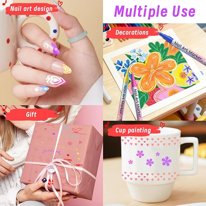 Nail Art Stencils Pens, 12 Nail Art Pens Markers + 14 Sheets Nail Stencils Cute Heart Butterfly Flowers Star Nail Stickers for Women Girl, Flexible Brush Tip, Bright Colors, DIY Nails Art Design Tools
