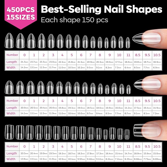 Modelones Medium & Short Almond & Short Square nail tips - Multi-type 3 Styles Set Gel Tips Half Matte Full Cover Clear Acrylic Gel Kit Fake Nails for Extension DIY Salon 450Pcs 15Sizes