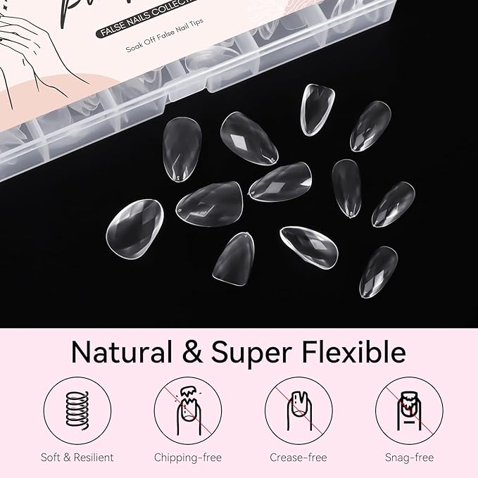 Makartt Short Almond Soft Gel Nail Tips: 120pcs 3D Diamond-Shaped Fake Nails Extension, 12 Sizes Full Cover Clear Press-On Tip, Natural Rhombus Lattice, Suit for Chrome Nail Powder