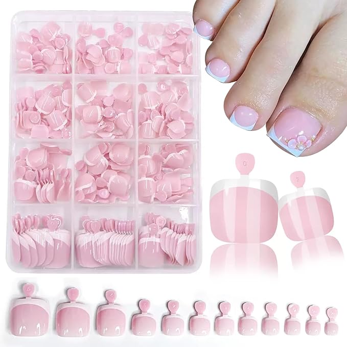 White French Tip Press on Toenails Short Toenail Press Ons Square for Women, Fit Perfectly Press on Toe Nails with Glue,Nude Pink Full Cover Glossy Fake Toenails in 12 Sizes-240Pcs Toenails Kit