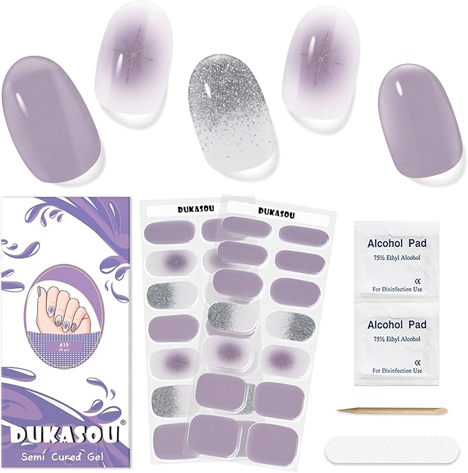 Semi Cured Gel Nail Strips - 28pcs Gel Nail Stickers Wraps(Purple), Nail Polish Stickers UV Light Lamp Requried, Easy to Apply