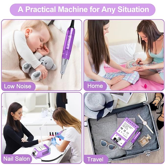 30000 RPM Professional Nail Drill Machine Efile Electric Nail Filer Kit for Finger Toe Nails, Acrylic Gel Dip Nails, Manicure Pedicure Drill with 6Pcs Bits and 106Pcs Sanding Bands, Purple