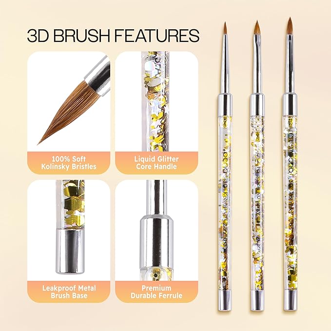 PANA 3D Kolinsky Nail Art Brush - Gold Glitter Handle, Size 4 - Acrylic Nail Art Sculpture Brush for Manicures Pedicure Salon Professional or Beginner