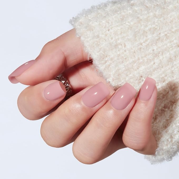 Modelones Soft Pink Press on Nails, Spring Short Square Fake Nails, Semi-Transparent Reusable Nail Kit with Nail Glue Adhesive Tabs Mini Nail File, Nails Press Ons 32Pcs16 Sizes, Women Girl Gift